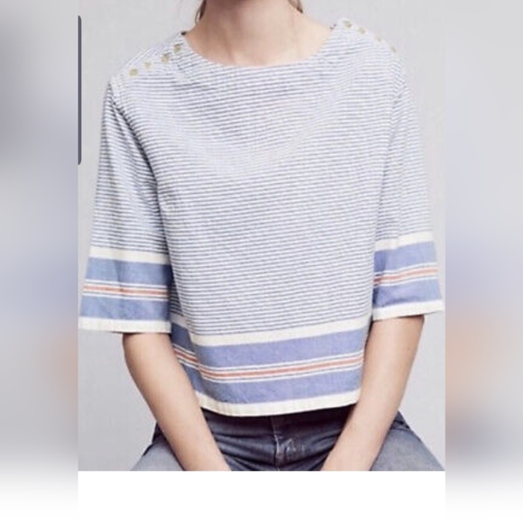 Maeve Tops - Maeve Blue White Striped Short Sleeve Boat Neck Cropped Top Size Large